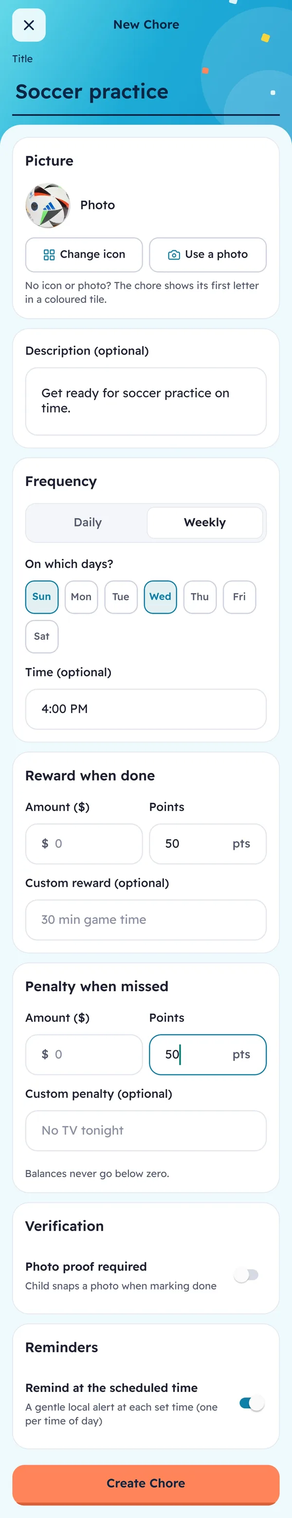The New Chore form filled in for Soccer practice, scrolling from the title and picture through the weekly days, a 50-point reward and a 50-point penalty, down to photo proof and reminders