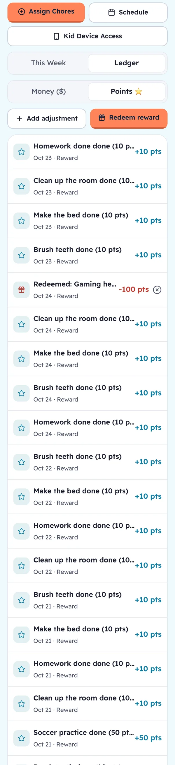 The points ledger, scrolling through a long list of entries: +10 points for each finished chore, +50 for soccer practice and a redeemed reward at -100 points